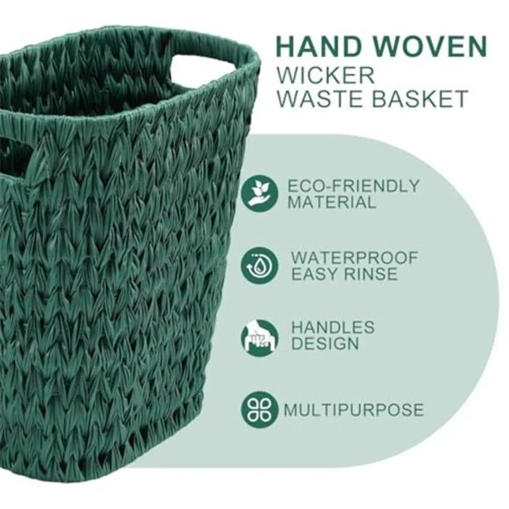 Dark Green Bathroom Accessories Set Wicker Trash Can Soap Dispenser Toothbrush